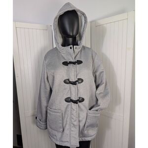 Gray Hooded Toggle Duffle Coat Sherpa Lined Fleece Jacket XL